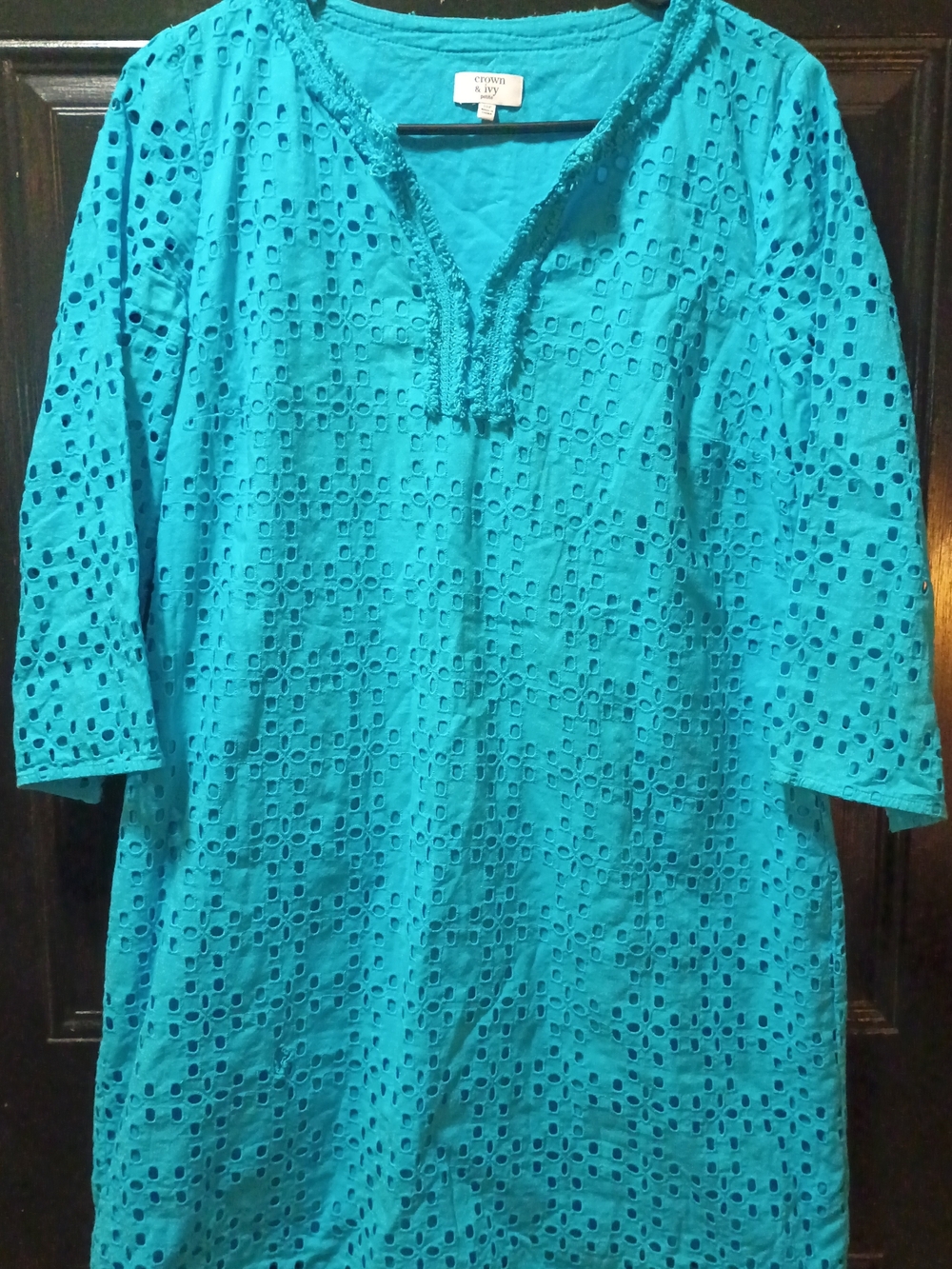 crown & ivy Teal Eyelet Long Sleeve Tunic Dress